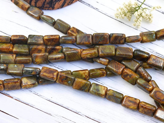 Czech Glass Old Stock Chiclet Rectangle Beads - Blue + White Travertine - 12x8mm - 16pcs - (846)