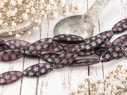 Czech Glass Marquise Spindle Oval Beads - Laser Etched Matte Amethyst - 30x12mm - 7pcs - (4725)