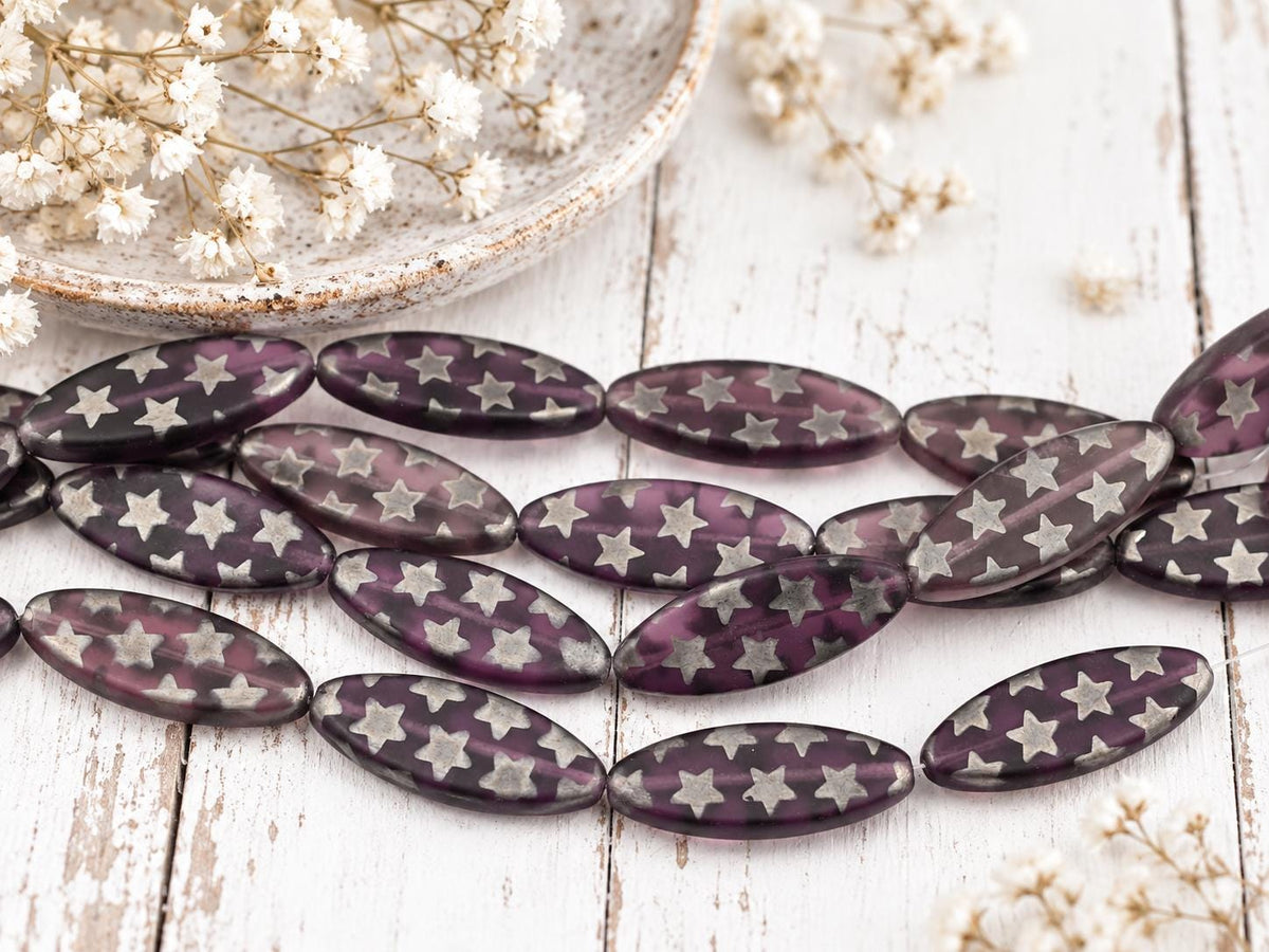 Czech Glass Marquise Spindle Oval Beads - Laser Etched Matte Amethyst - 30x12mm - 7pcs - (4725)