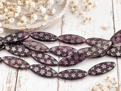 Czech Glass Marquise Spindle Oval Beads - Laser Etched Matte Amethyst - 30x12mm - 7pcs - (4725)
