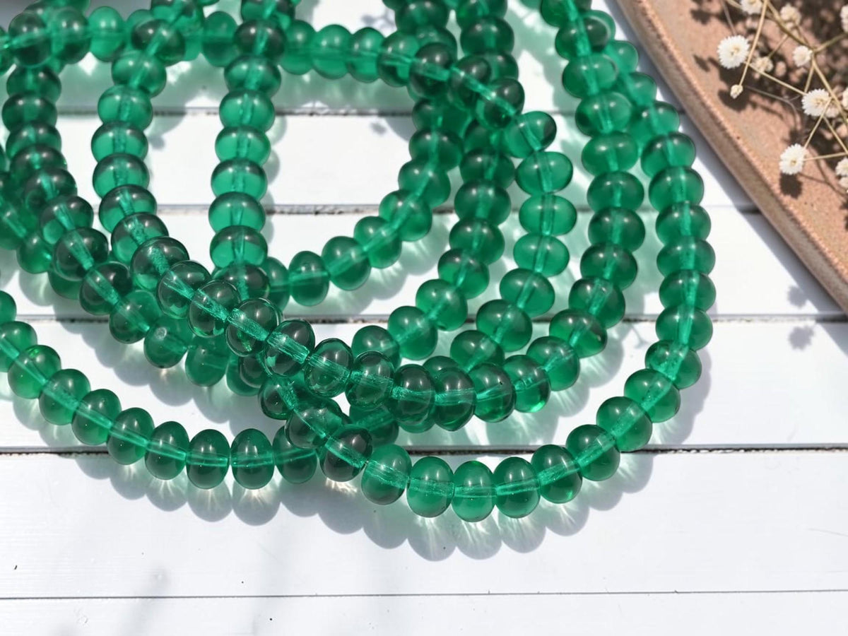 German Glass Smooth Disc Rondelle Spacer Beads - Transparent Emerald Green - 5x7mm - 42pcs - (1680)
