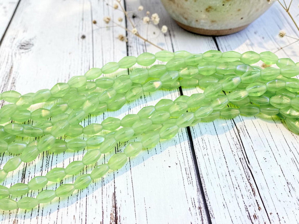 Old Stock Czech Glass Elongated Bicone Beads - Spring Green - 7x4mm - 27pcs - (2343)