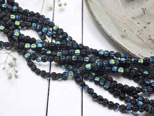 4mm Old Stock Czech Glass Round Melon Beads - Jet AB - 45pcs - (5553)