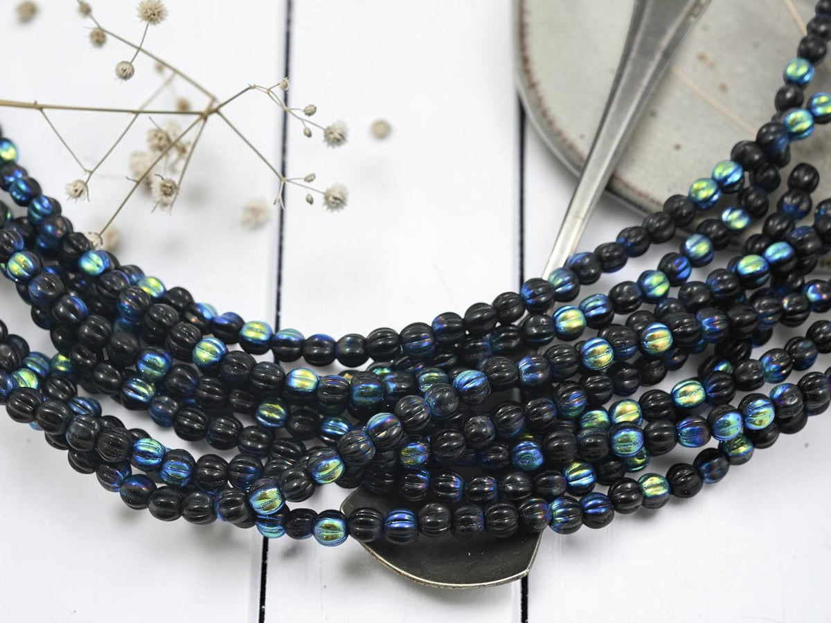 4mm Old Stock Czech Glass Round Melon Beads - Jet AB - 45pcs - (5553)