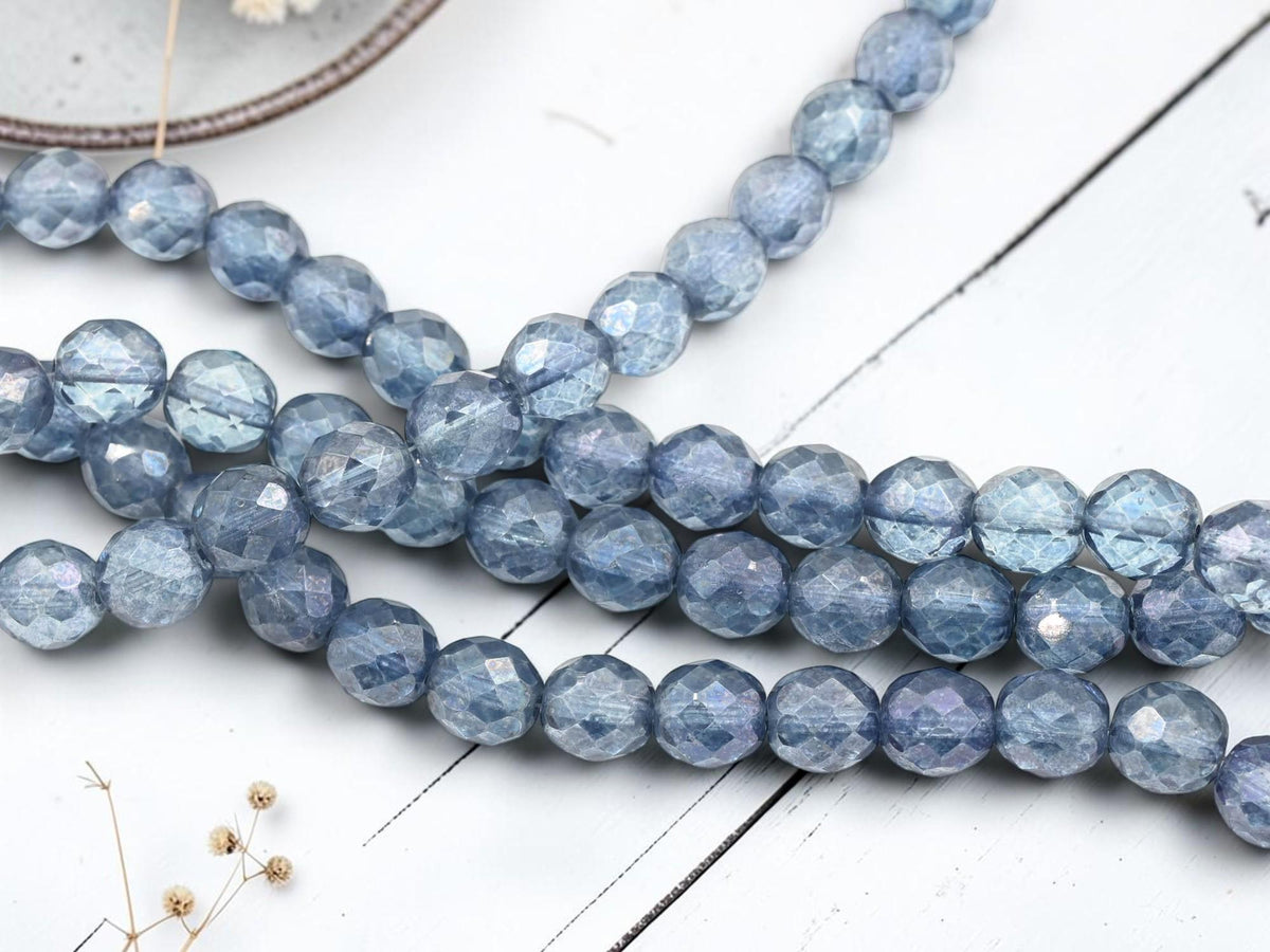 Old Stock Czech Glass Fire Polished Faceted Round Beads - Denim Blue Luster - 10mm Beads - 19pcs - (5473)