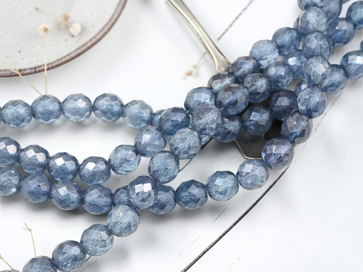 Old Stock Czech Glass Fire Polished Faceted Round Beads - Denim Blue Luster - 10mm Beads - 19pcs - (5473)