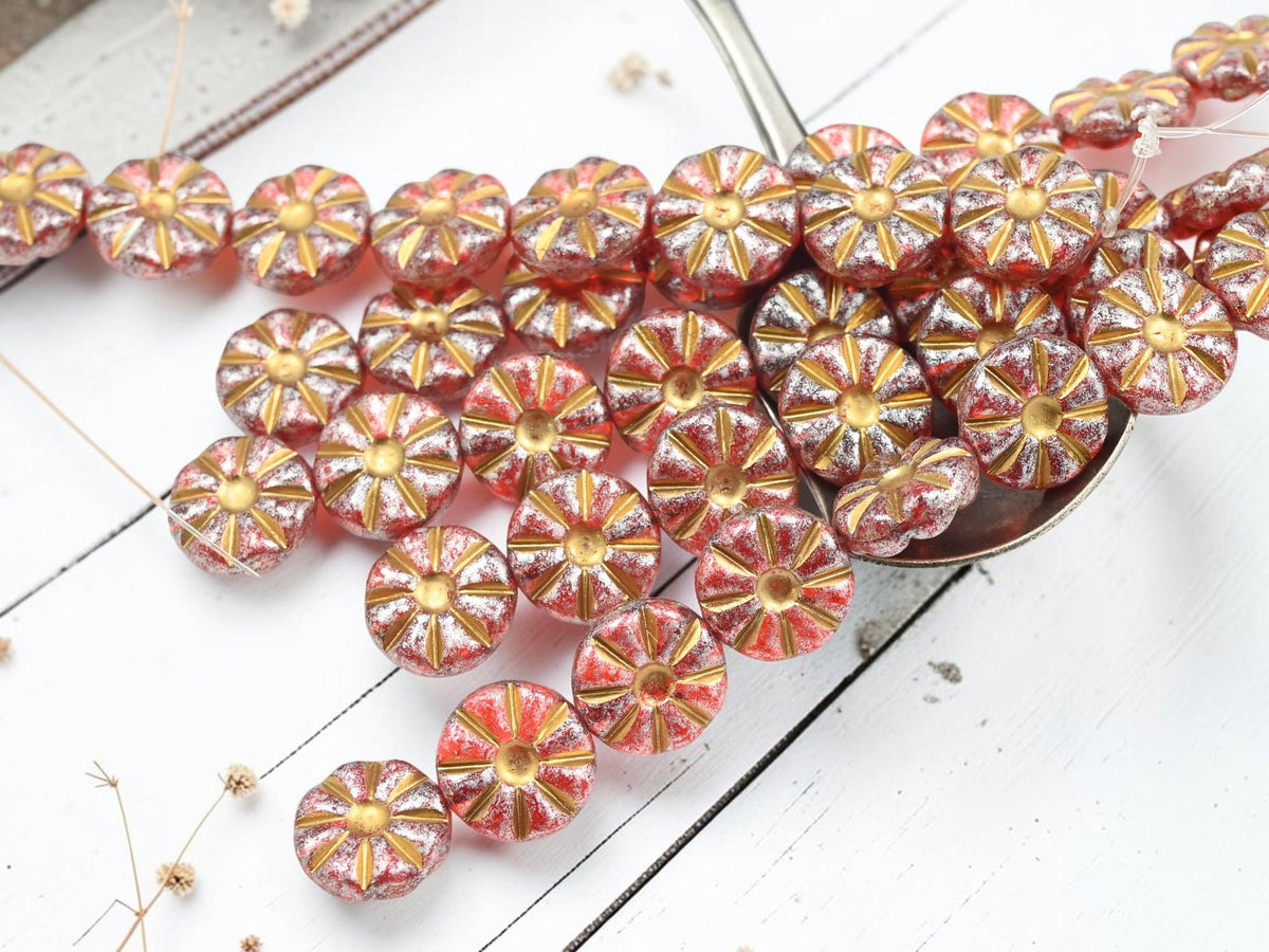 12mm Czech Glass Daisy Coin Flower Beads - Gold Washed Crimson - 8pcs - (5433)