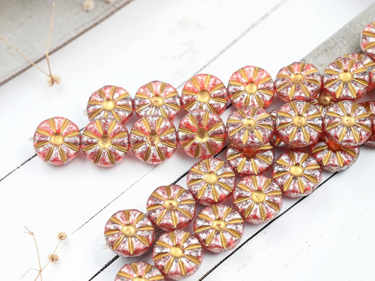 12mm Czech Glass Daisy Coin Flower Beads - Gold Washed Crimson - 8pcs - (5433)