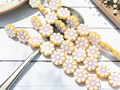 12mm Czech Glass Daisy Coin Flower Beads - Pink Washed White Alabaster - 8pcs - (2796)