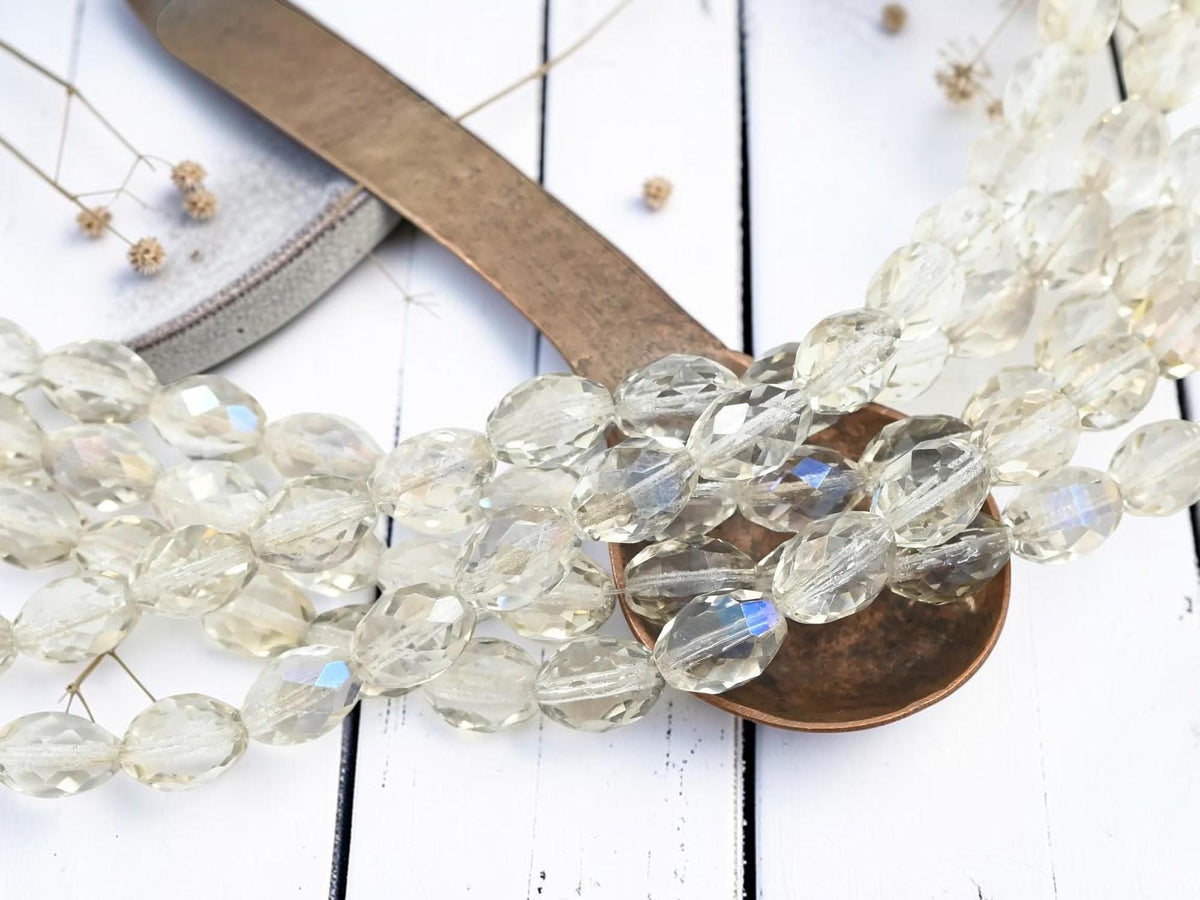 Old Stock Czech Glass Fire Polished Faceted Oval Beads - Crystal Shadow - 13x9mm - 15pcs - (3572)