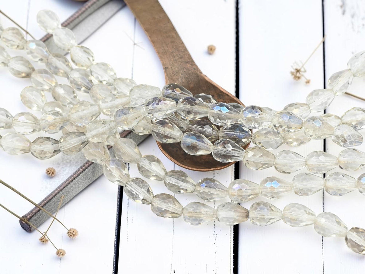 Old Stock Czech Glass Fire Polished Faceted Teardrop Beads - Crystal Shadow - 13x9mm - 16pcs - (3436)