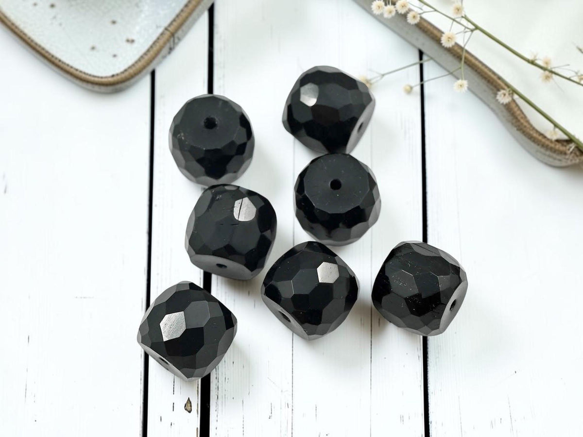 Vintage Old Stock Czech Glass Large Fire Polished Barrel Beads - Jet Black - 13x11mm - 10pcs - (315)