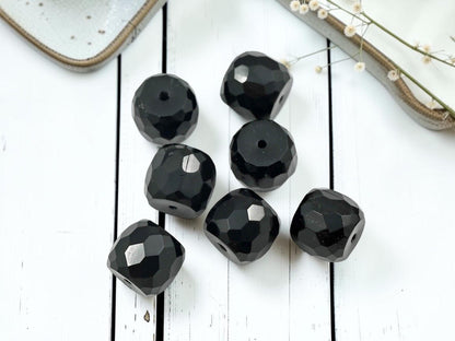Vintage Old Stock Czech Glass Large Fire Polished Barrel Beads - Jet Black - 13x11mm - 10pcs - (315)