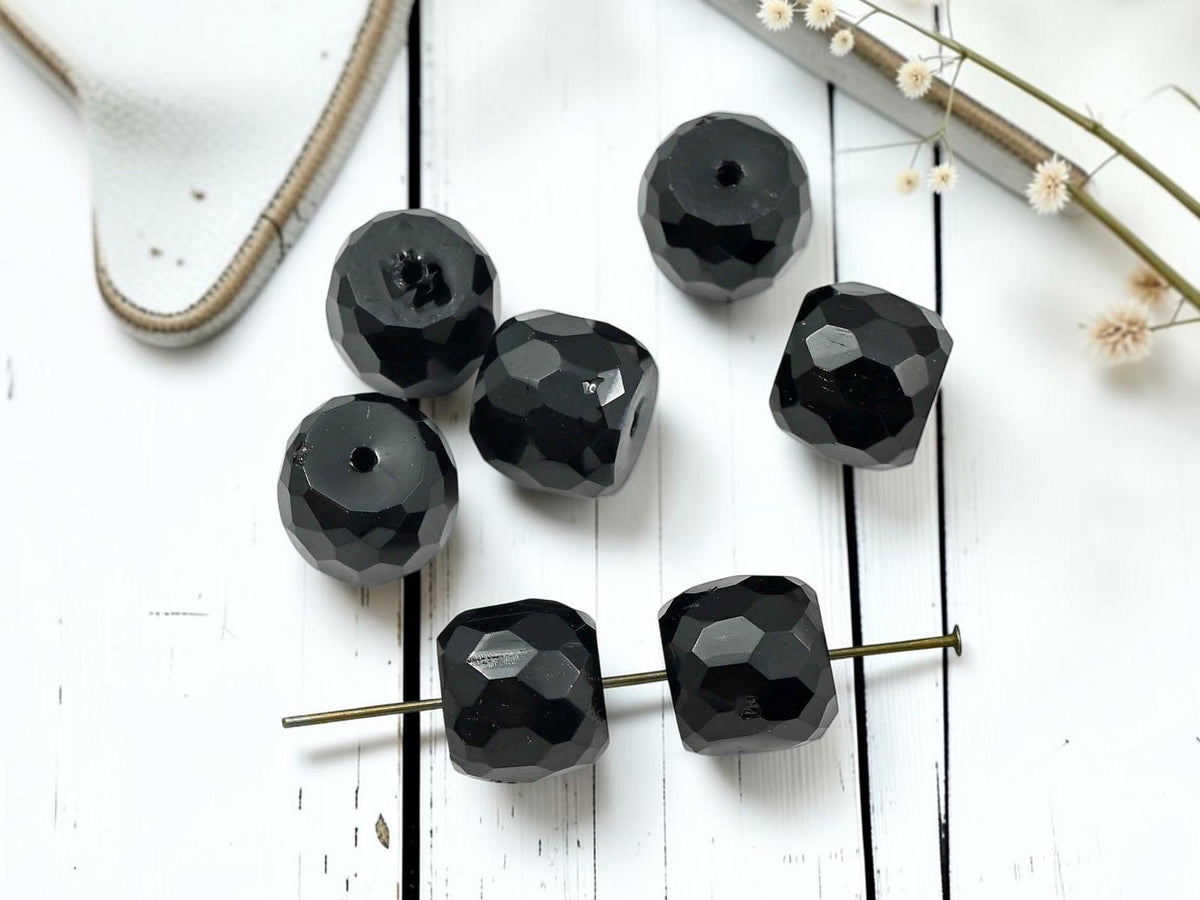Vintage Old Stock Czech Glass Large Fire Polished Barrel Beads - Jet Black - 13x11mm - 10pcs - (315)