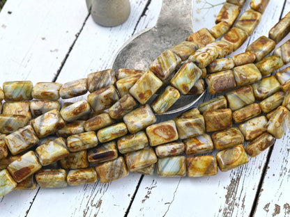 Czech Glass Old Stock Chiclet Rectangle Beads - Blue + White Travertine - 12x8mm - 16pcs - (846)