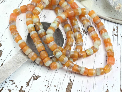 Czech Pressed Glass Barrel Beads - Orange + Sage Green - 8x7mm - 25pcs - (A434)
