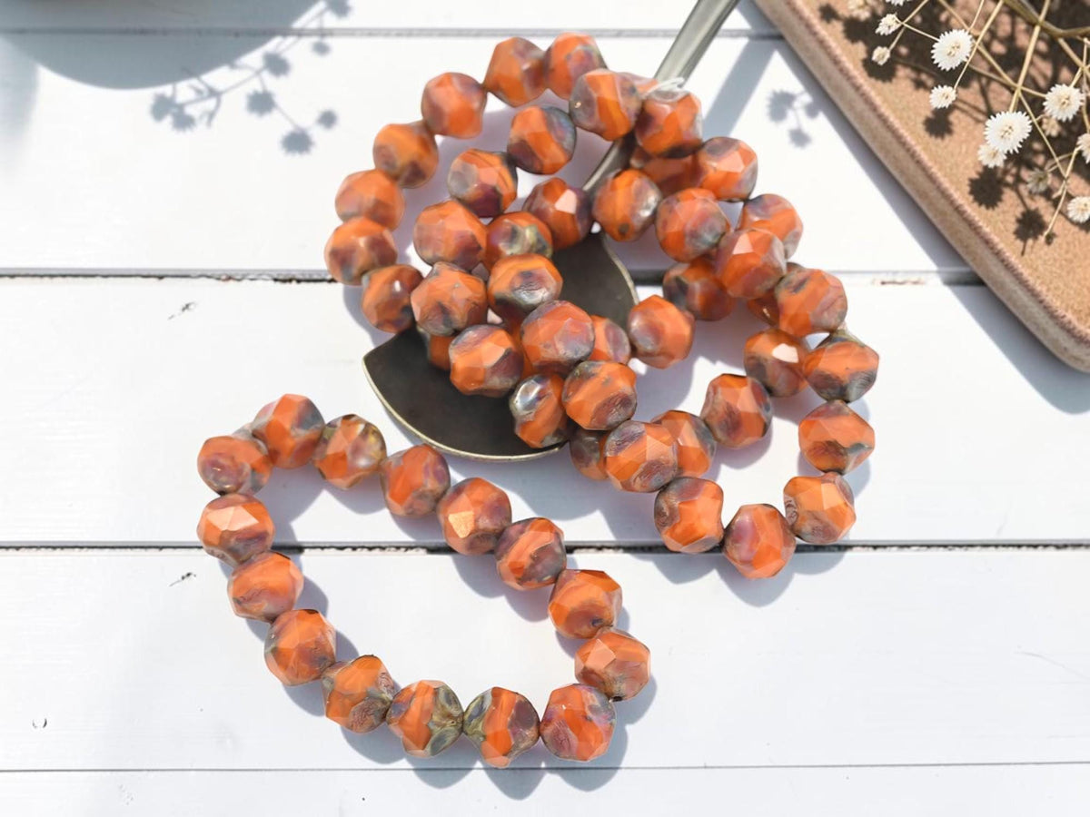 Czech Glass Fire Polished Central Cut Baroque Beads - Orange Silk Picasso - 9mm - 15pcs - (A719)