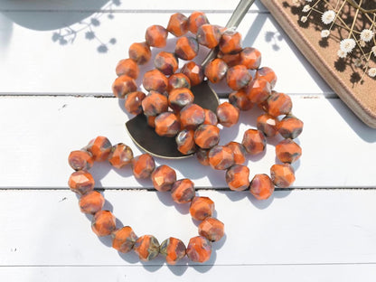 Czech Glass Fire Polished Central Cut Baroque Beads - Orange Silk Picasso - 9mm - 15pcs - (A719)
