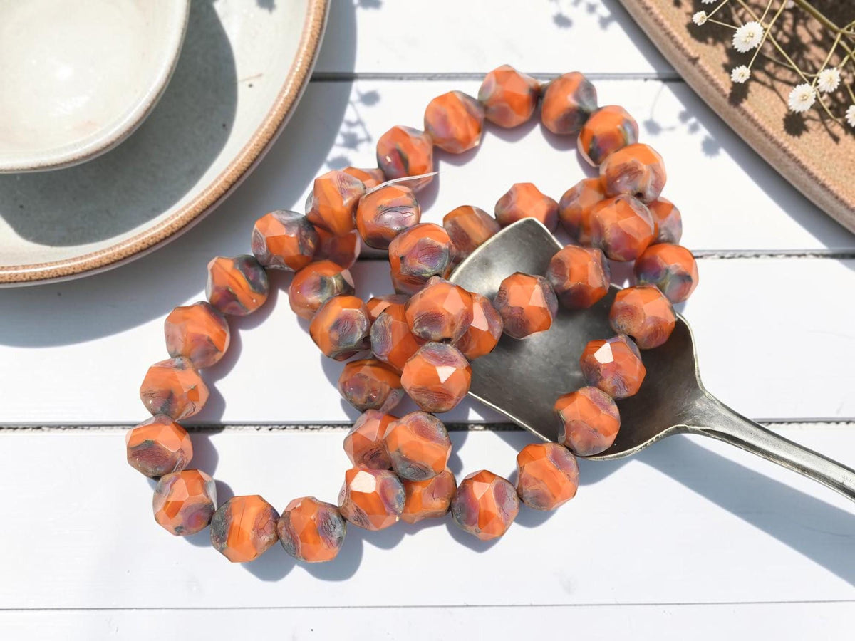 Czech Glass Fire Polished Central Cut Baroque Beads - Orange Silk Picasso - 9mm - 15pcs - (A719)