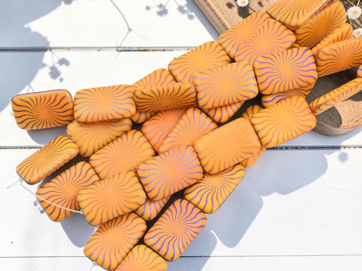 Czech Glass Laser Etched Sunray Rectangle Beads - Matte Orange Sliperit - 19x12mm - 6pcs - (B735)