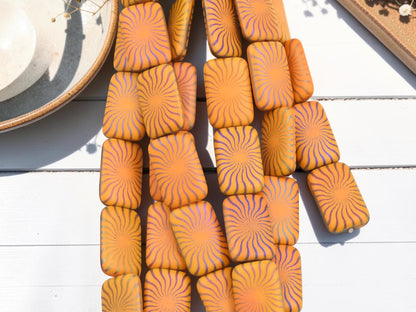 Czech Glass Laser Etched Sunray Rectangle Beads - Matte Orange Sliperit - 19x12mm - 6pcs - (B735)