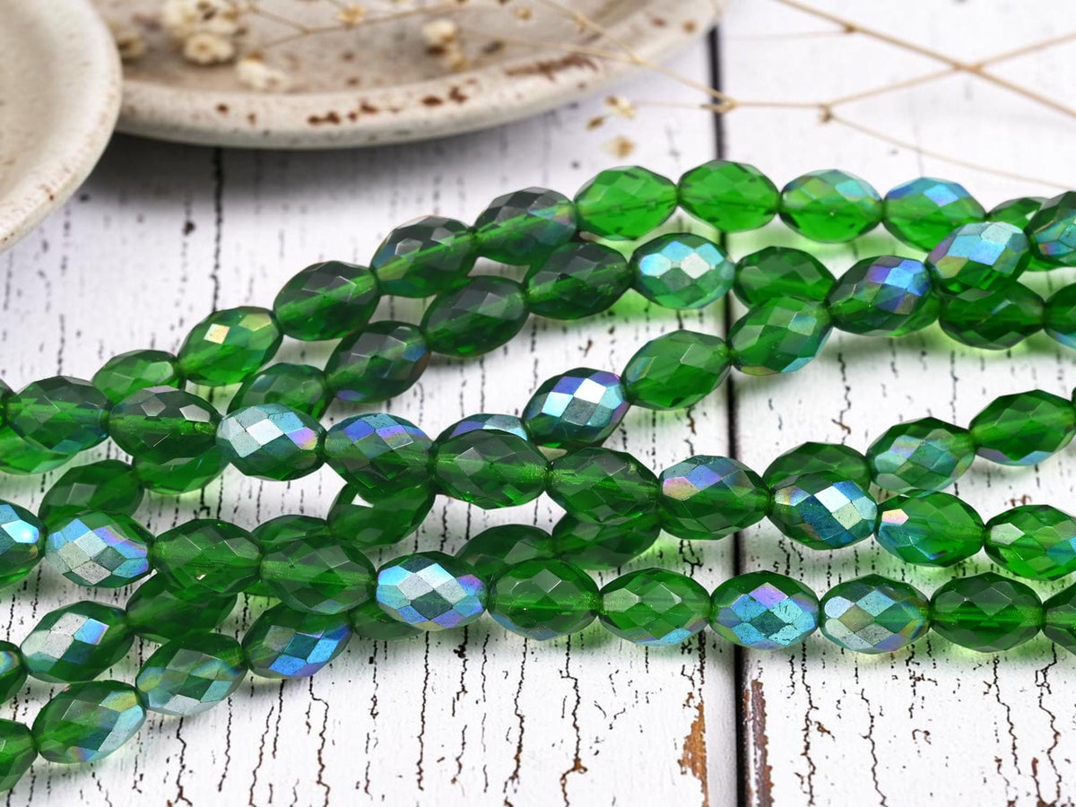 Old Stock Czech Glass Fire Polished Faceted Oval Beads - Emerald Green AB - 13x9mm - 15pcs - (761)