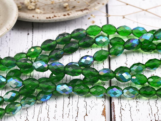 Old Stock Czech Glass Fire Polished Faceted Oval Beads - Emerald Green AB - 13x9mm - 15pcs - (761)