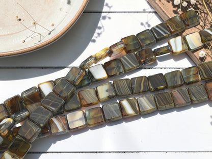 Old Stock Czech Glass Table Cut Square Beads - Blended Topaz Travertine - 10mm - 19pcs - (3136)