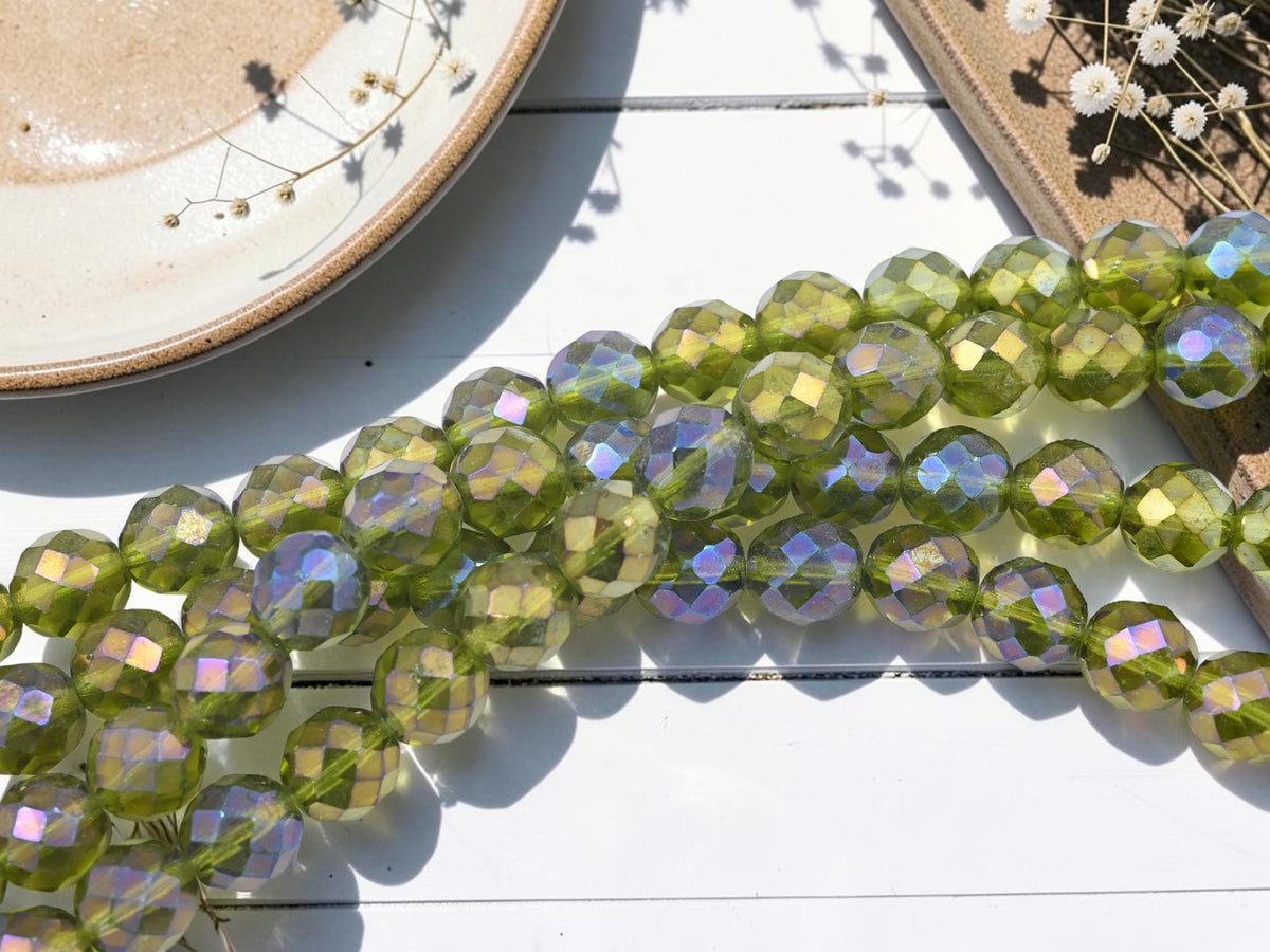 Old Stock Czech Glass Fire Polished Large Round Beads - Olivine Green Rainbow Luster - 12mm - 17pcs - (888)