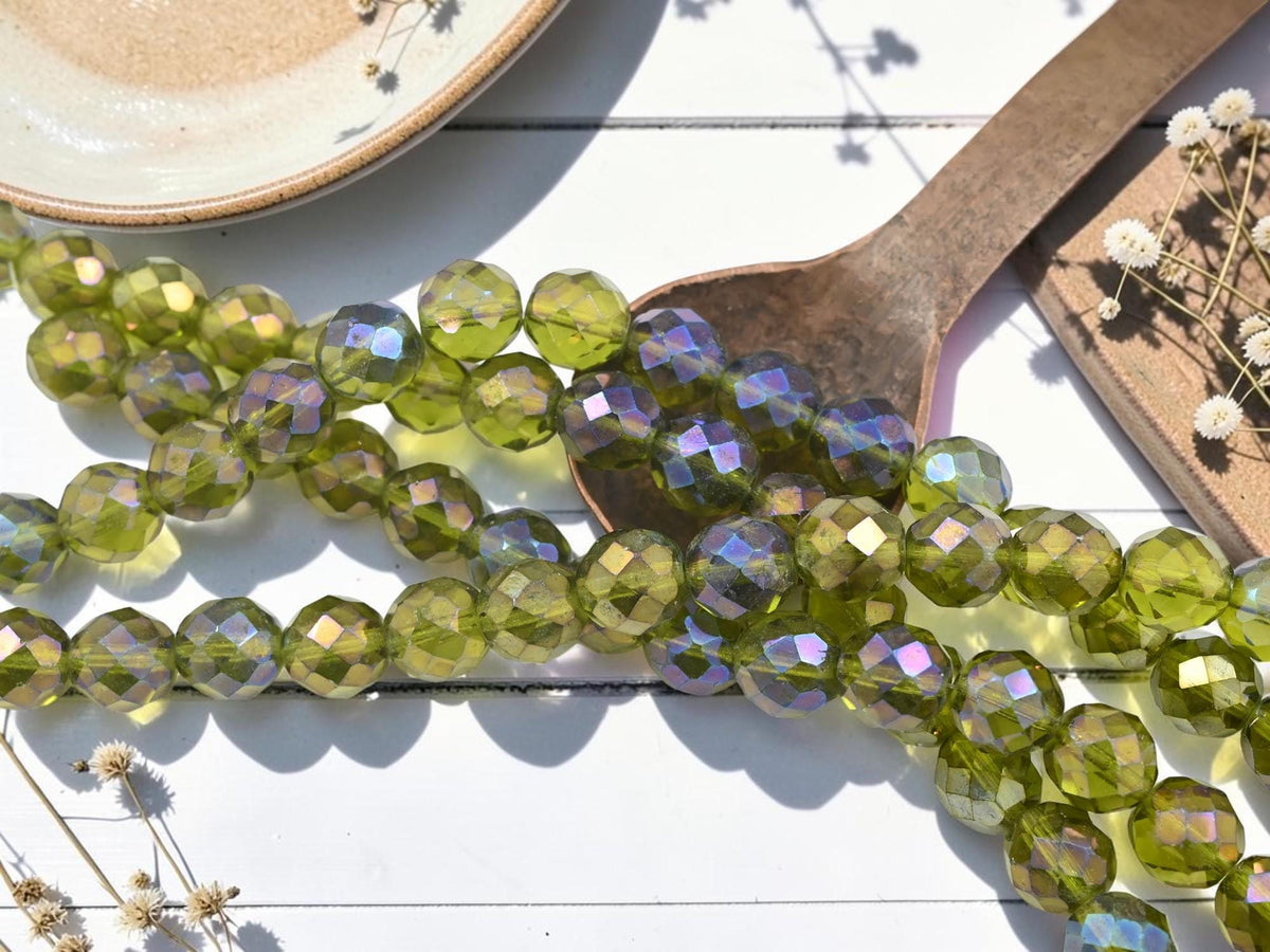 Old Stock Czech Glass Fire Polished Large Round Beads - Olivine Green Rainbow Luster - 12mm - 17pcs - (888)