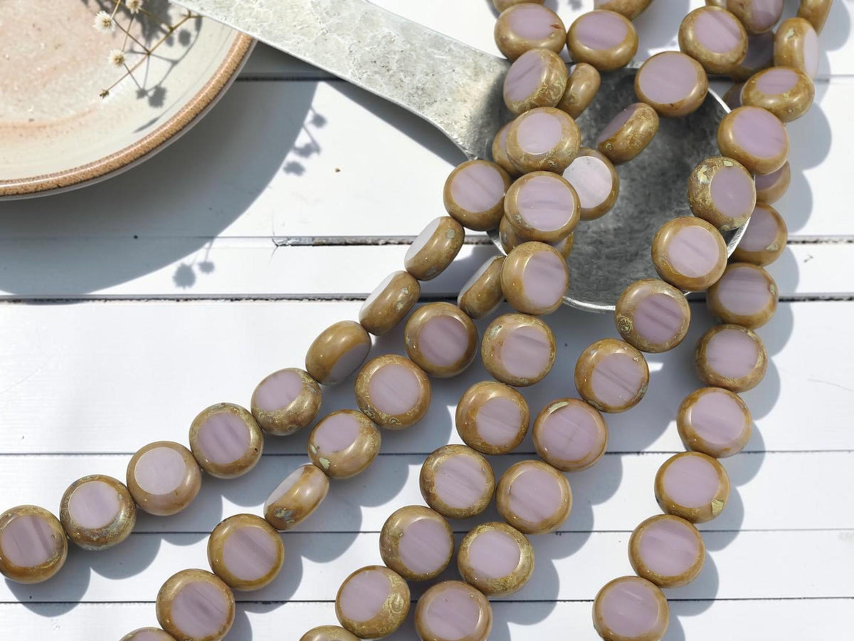 Old Stock Czech Glass Table Cut Coin Beads - Purple Travertine - 10mm - 19pcs - (6146)