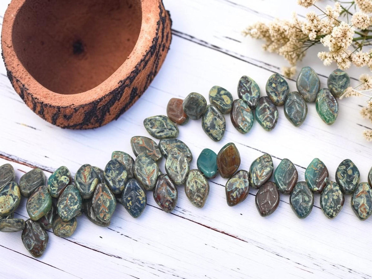Old Stock Czech Glass Top Hole Leaf Beads - Blended Glass - 12x8mm - 40pcs - (5466)