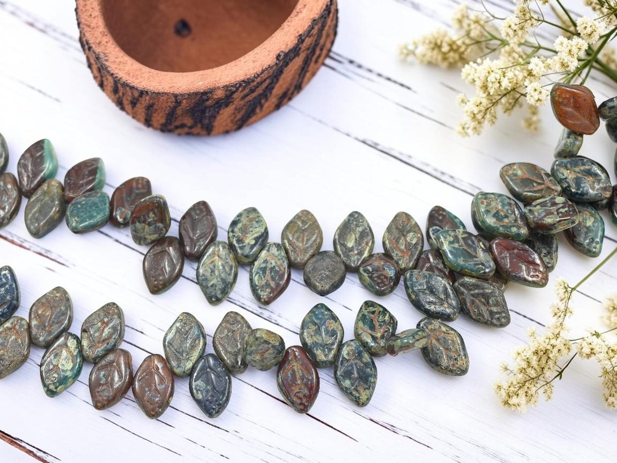 Old Stock Czech Glass Top Hole Leaf Beads - Blended Glass - 12x8mm - 40pcs - (5466)