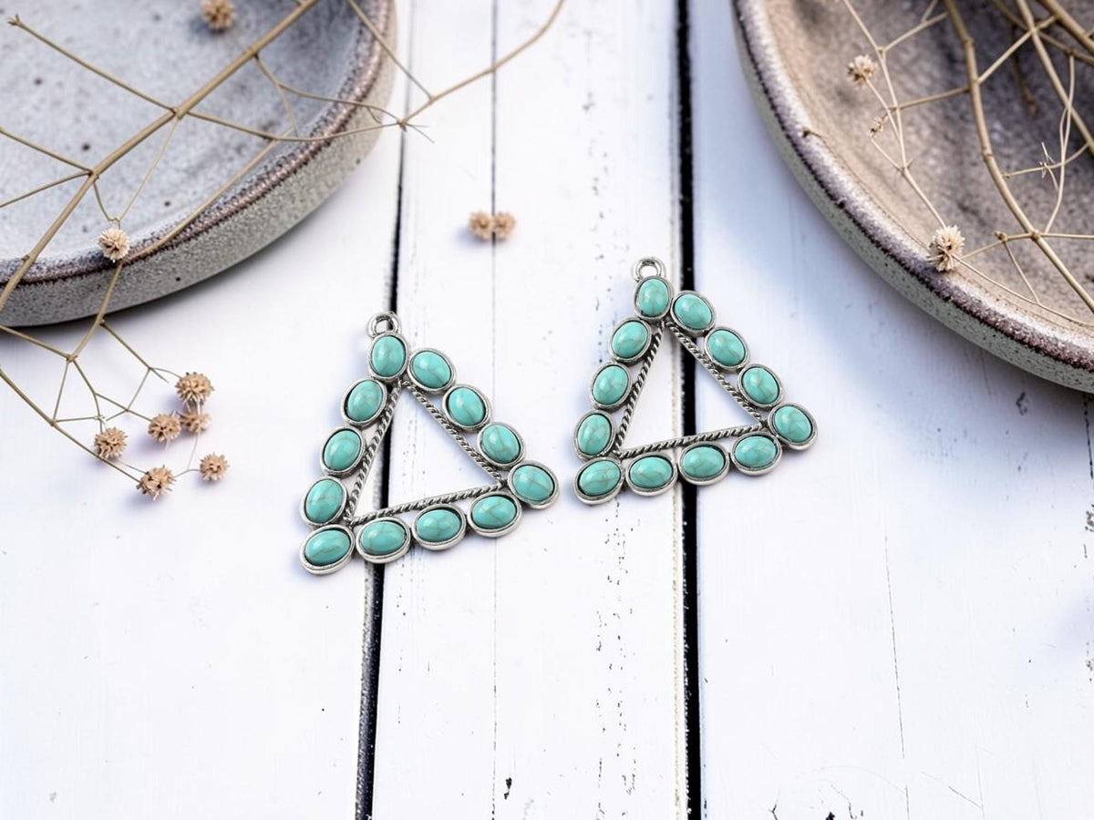 Antique Silver with Green Turquoise Triangle Pendant - 48mm - 1pcs - (4327)