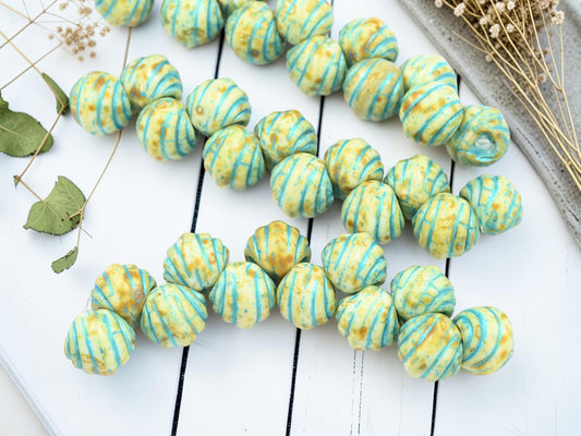 Czech Glass Top Drilled Round Shell Beads - Turquoise Washed Alabaster Picasso - 8mm - 12pcs - (B463)