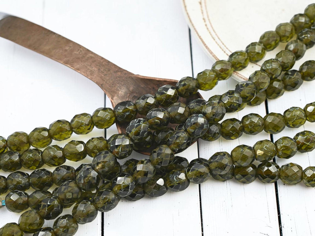 Old Stock Czech Glass Fire Polished Round Beads - Olive Green Travertine - 10mm - 21pcs - (B103)