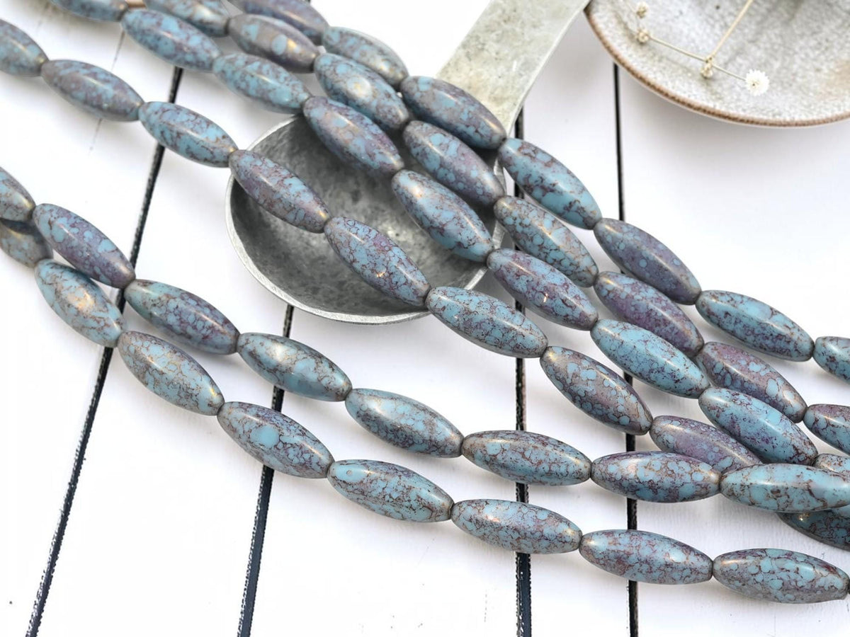 Czech Glass Elongated Oval Beads - Blue Raspberry Picasso - 18x8mm - 10pcs - (B615)