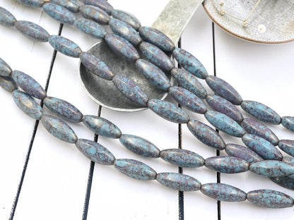 Czech Glass Elongated Oval Beads - Blue Raspberry Picasso - 18x8mm - 10pcs - (B615)