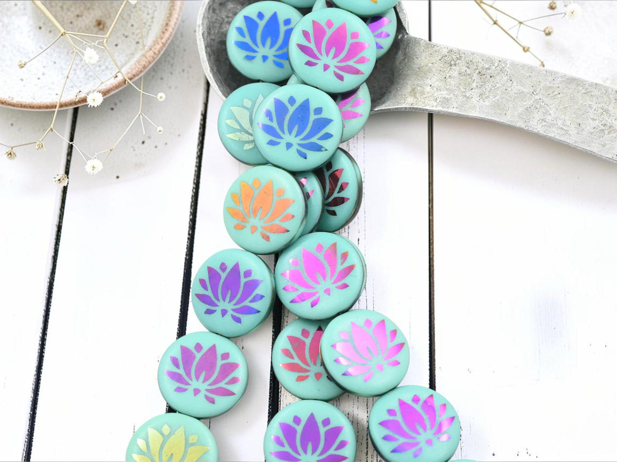 Czech Glass Laser Etched Lotus Flower Coin Beads - Turquoise Sliperit - 17mm - 8pcs - (3417)