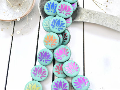 Czech Glass Laser Etched Lotus Flower Coin Beads - Turquoise Sliperit - 17mm - 8pcs - (3417)