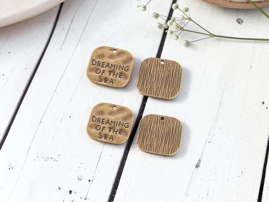 Antique Bronze Dreaming of the Sea Hammered Square Charms - 10pcs - 19mm - (495)