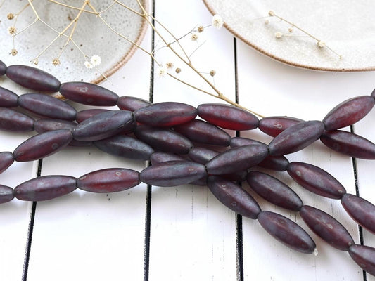 Czech Glass Elongated Oval Beads - Matte Ruby Nebula - 18x8mm - 10pcs - (B391)