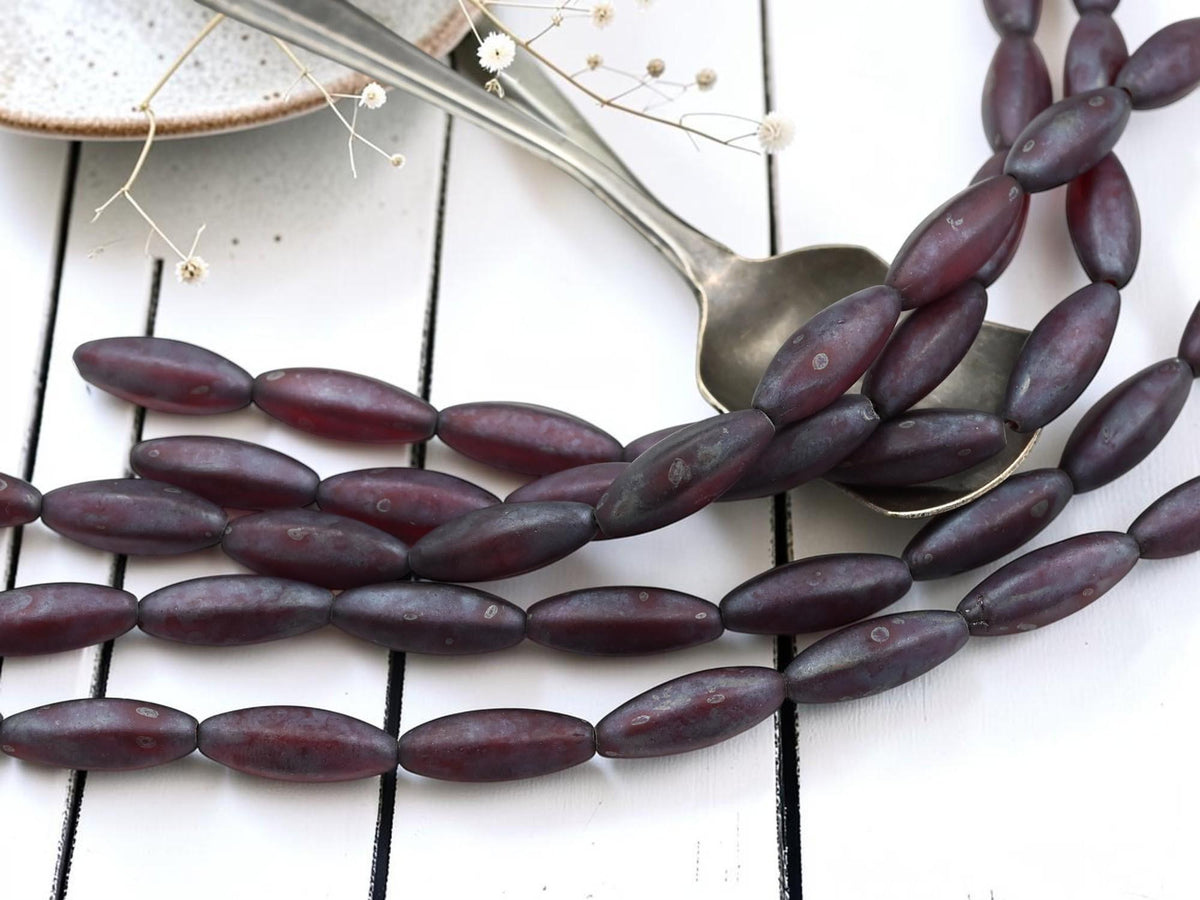 Czech Glass Elongated Oval Beads - Matte Ruby Nebula - 18x8mm - 10pcs - (B391)
