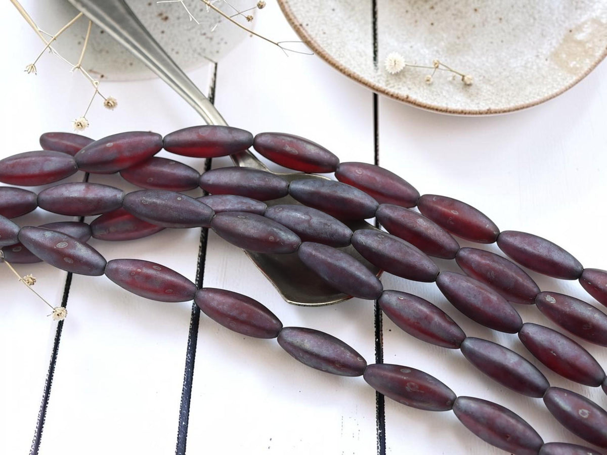 Czech Glass Elongated Oval Beads - Matte Ruby Nebula - 18x8mm - 10pcs - (B391)