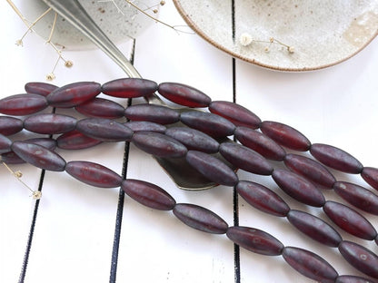 Czech Glass Elongated Oval Beads - Matte Ruby Nebula - 18x8mm - 10pcs - (B391)