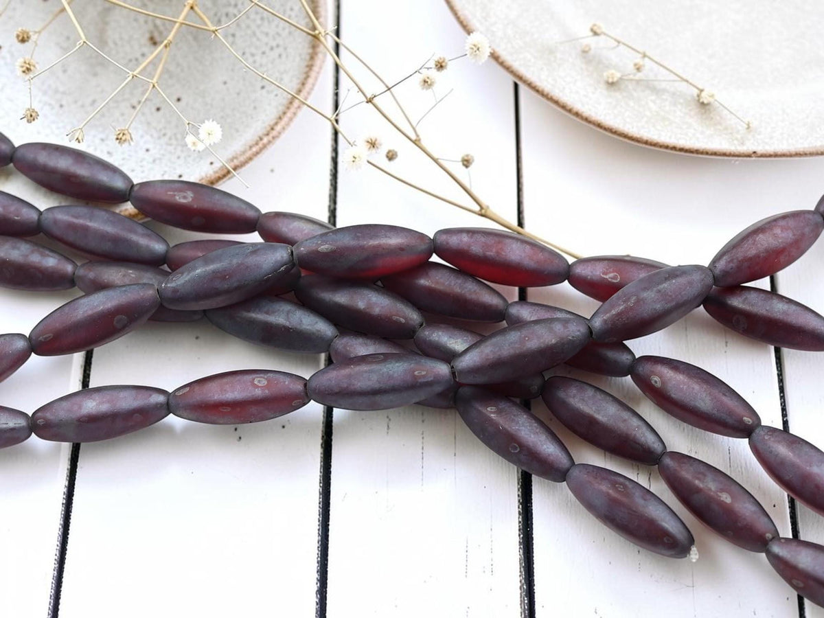 Czech Glass Elongated Oval Beads - Matte Ruby Nebula - 18x8mm - 10pcs - (B391)