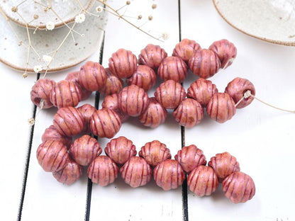 Czech Glass Top Drilled Round Shell Beads - Pink Washed Rose Alabaster - 8mm - 12pcs - (B199)