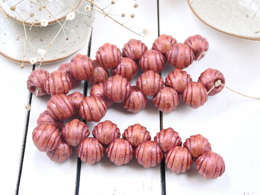 Czech Glass Top Drilled Round Shell Beads - Pink Washed Rose Alabaster - 8mm - 12pcs - (B199)