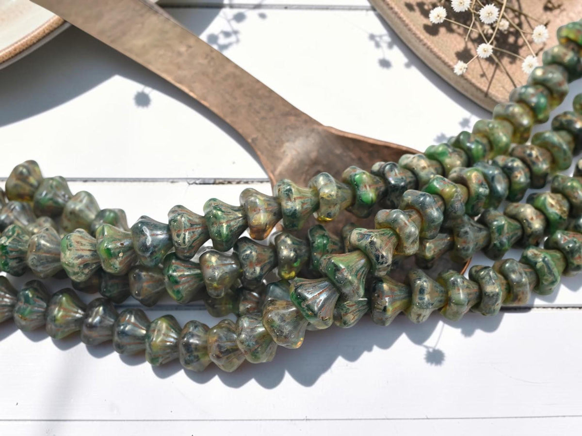 Old Stock Czech Glass Chunky Bell Flower Beads - Blended Green Travertine - 9x10mm - 28pcs - (3611)