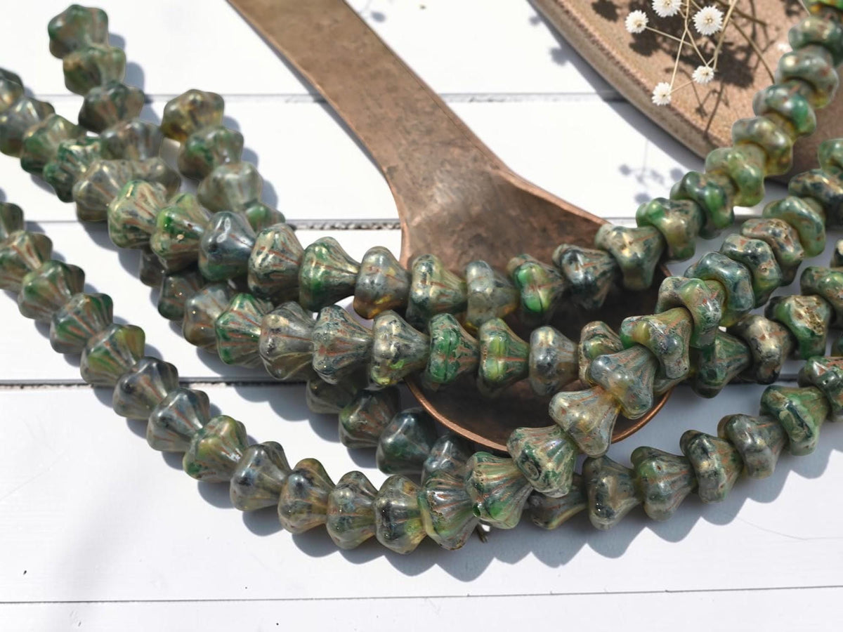 Old Stock Czech Glass Chunky Bell Flower Beads - Blended Green Travertine - 9x10mm - 28pcs - (3611)
